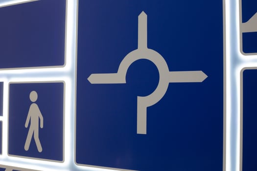 Educational panel with traffic signs, including pedestrian and directional symbols. Designed to teach road safety and traffic rules. Interactive display for learning road signs and traffic regulation photo