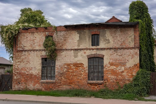 Abandoned old brick building covered in green ivy with broken windows on a cloudy day. Concept of urban decay, history, and overgrown architecture in a small town photo