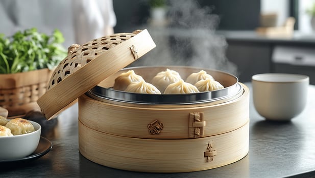 Steaming dumplings in a bamboo steamer on kitchen counter. photo