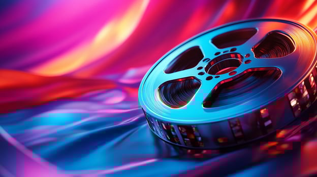 A metallic film reel rests on a vibrant, colorful, textured surface. photo