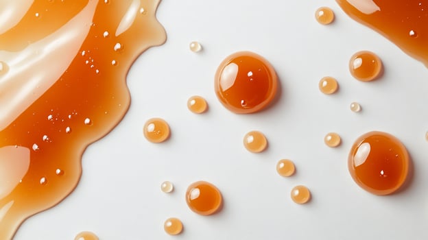 Spilled amber liquid forming droplets and puddle on white background. photo