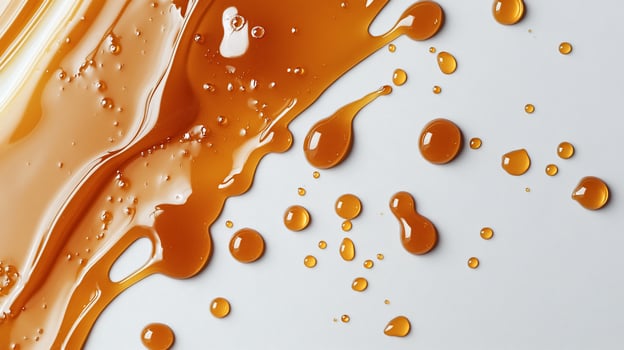 Caramel syrup spilled on white background, closeup view showing texture and drips. photo