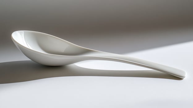 White ceramic spoon with long handle, cast shadow on white background. photo