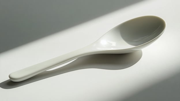 White porcelain spoon on a white background, illuminated by sunlight. photo