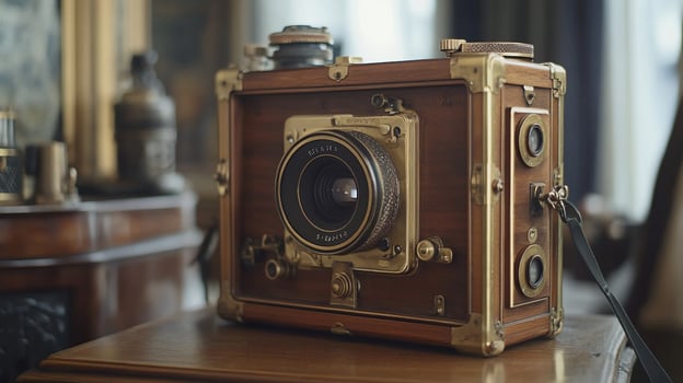 Antique wooden camera on a table. photo