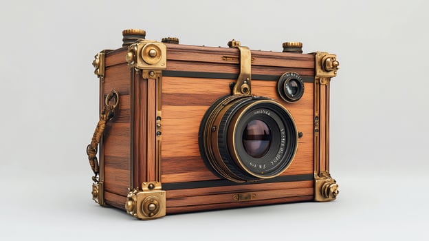 Vintage wooden camera with brass accents. photo