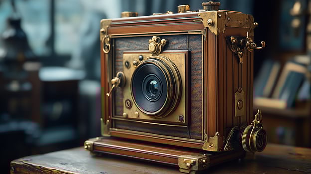 Antique wooden and brass large format camera. photo