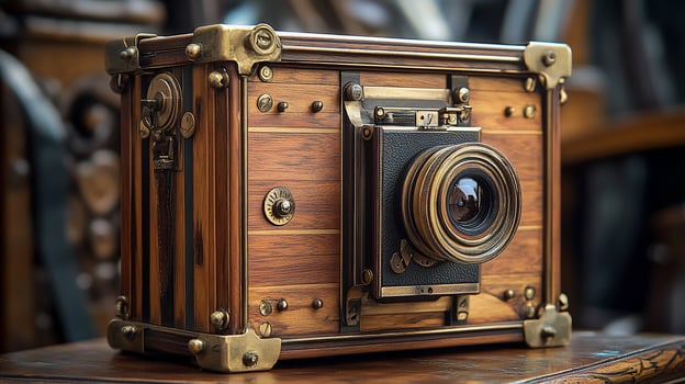 Antique wooden camera with brass accents on a wooden surface. photo