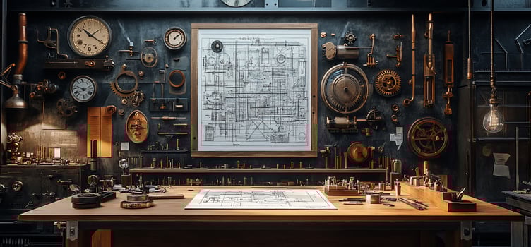 Vintage workshop interior with tools, clocks, and blueprints on the wall and workbench. photo
