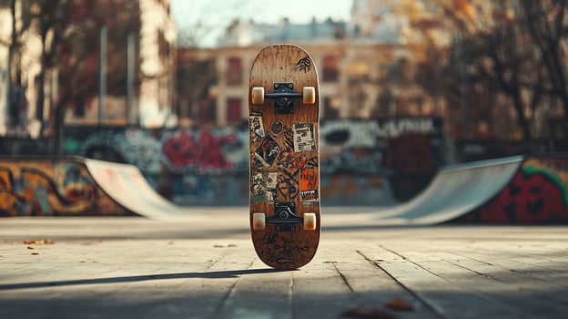 Skateboard standing upright in a skatepark. photo