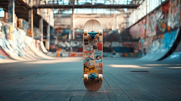 Skateboard standing upright in an abandoned skatepark with graffiti. photo