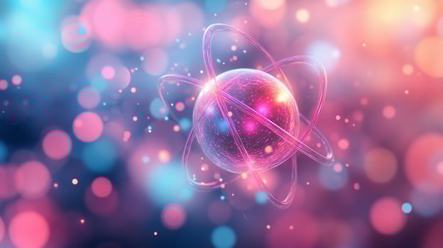 Abstract atom model with vibrant pink and blue bokeh background. photo