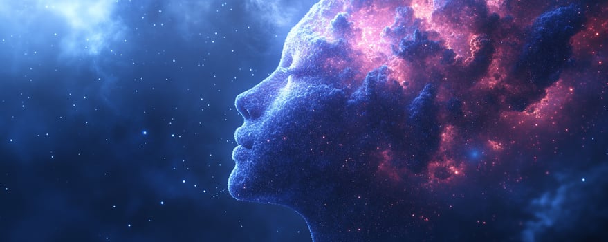 Abstract cosmic nebula forming a woman's face profile against a dark blue starry sky background. photo