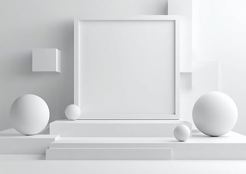 Minimalist white geometric shapes and blank frame on platform. photo