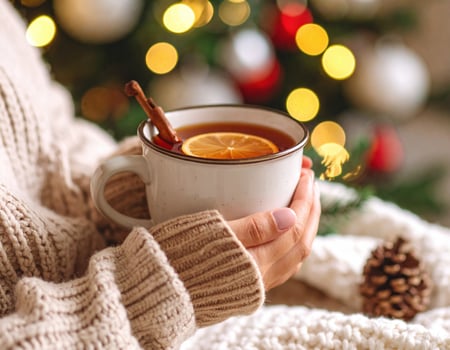 Enjoy comforting cup of hot tea with lemon slices and honey, perfect for winter relaxation by festive tree. warm colors and cozy sweater create delightful atmosphere photo