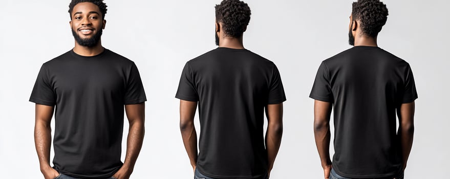 Man in black tshirt, front, back, and side views. photo