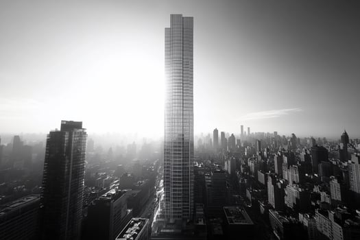 Tall skyscraper in hazy city skyline at sunrise. photo