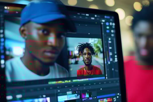 Young man editing on laptop. photo