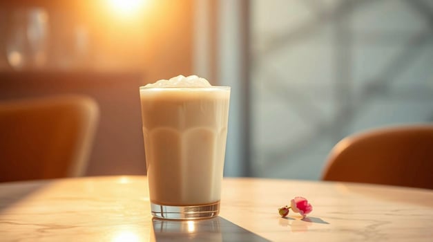 Creamy Latte Beverage in Glass on Table Beverages photo