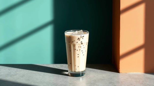 An iced coffee with a black and white swirl photo