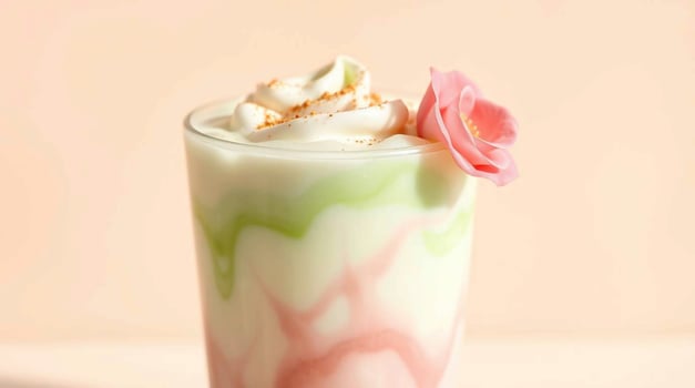 A colorful milkshake with whipped cream and a pink flower photo