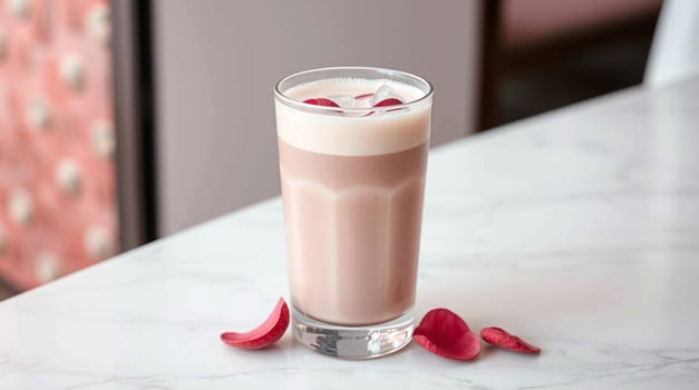 A glass of milk with a rose petal on the side photo