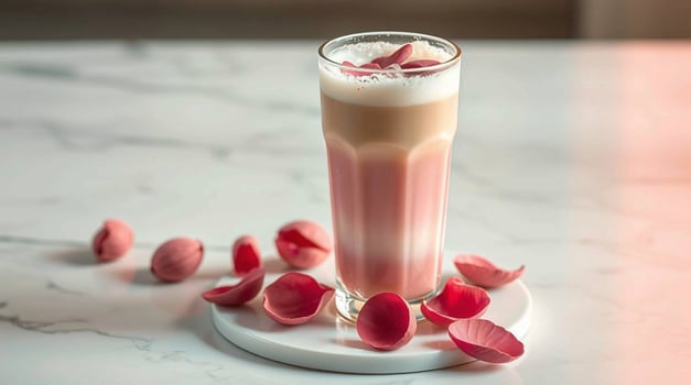 A pink drink with white foam on top photo