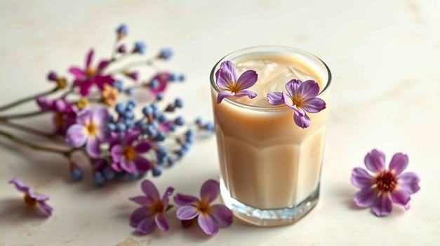 A glass of milk with purple flowers on the side photo