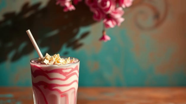 A strawberry milkshake with a straw and a pink flower photo