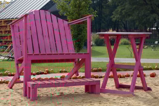 Bright pink wooden bench and table set on a sandy area with scattered pumpkins in the background on a sunny autumn day. Outdoor seating, autumn decor and festive pumpkin displays at a harvest event photo