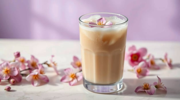 A glass of iced coffee with flowers around it photo