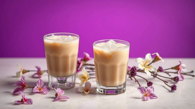 Two glasses of iced coffee with flowers on a purple background photo