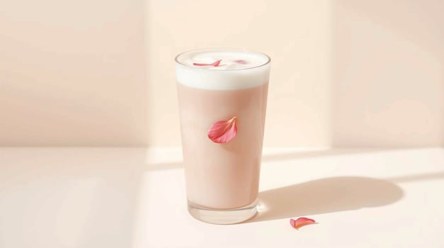 A glass of milk with a pink rose petal on top photo