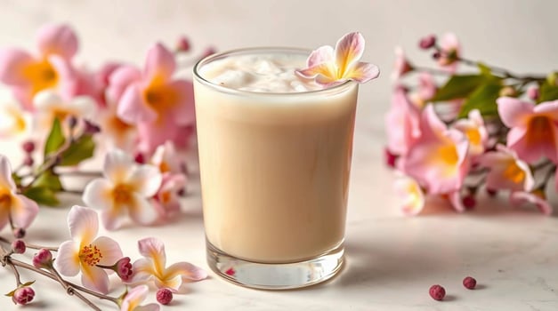 A glass of milk with flowers around it photo