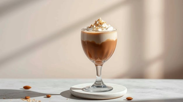 Layered Almond Coffee Drink in Glass Whipped Cream Topping Marble Surface Beverages photo
