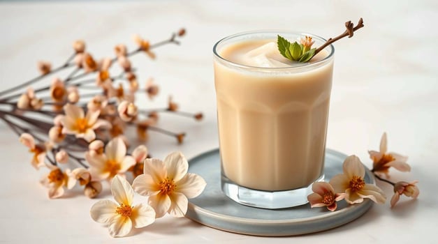 A glass of milk with a green leaf on top photo