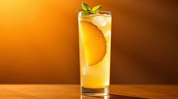 Refreshing Yellow Citrus Cocktail in Tall Glass with Ice and Mint Garnish on Wooden Surface Beverages photo