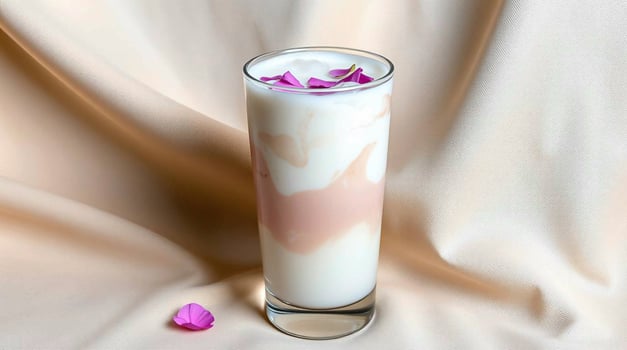 Layered Pink and White Smoothie with Rose Petals Beverages photo