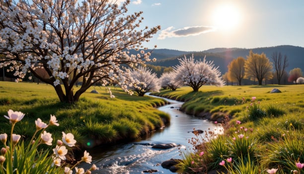 a winding creek flows softly, blossoms glowing warmly beneath radiant golden sunlight of afternoon above. photo
