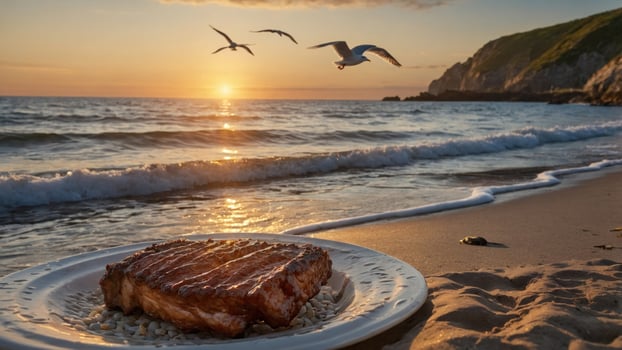 Grilled steak on a beach plate at sunset with seagulls flying over the ocean waves photo
