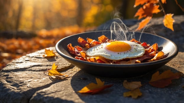 Delicious breakfast of crispy bacon and sunny-side-up egg served outdoors amidst autumn leaves photo