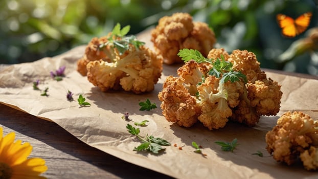 Crispy fried cauliflower florets garnished with herbs on rustic paper in a vibrant garden setting photo