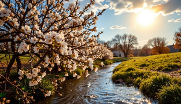 a serene stream flows gracefully, blossoms blooming quietly beneath radiant golden afternoon sunlight sky above. photo