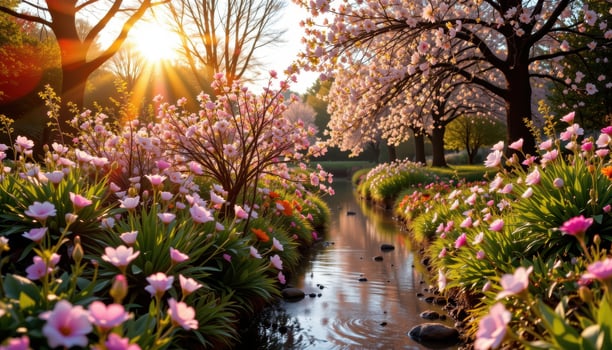a flower framed brook glows warmly, blossoms reflecting softly beneath radiant golden afternoon sunlight sky above. photo