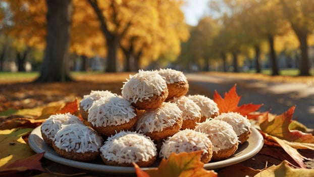 A plate of coconut cookies surrounded by vibrant autumn leaves on a sunny park path photo