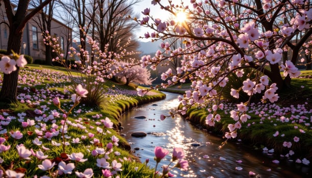 blossoms cover the winding stream, petals shimmering gently beneath radiant golden afternoon sunlight sky above. photo