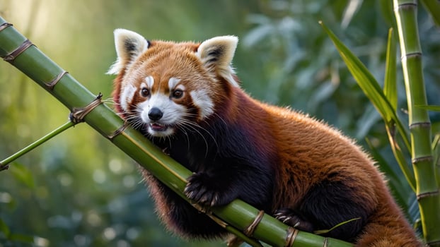 A red panda perched on a bamboo branch in a lush green forest, showcasing its playful nature photo