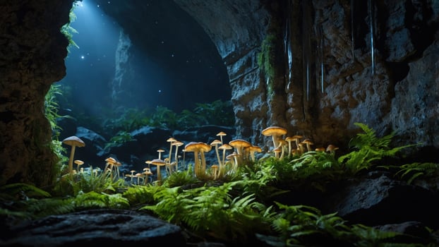 Enchanted cave filled with glowing mushrooms and ferns, illuminated by soft blue light, serene atmosphere photo