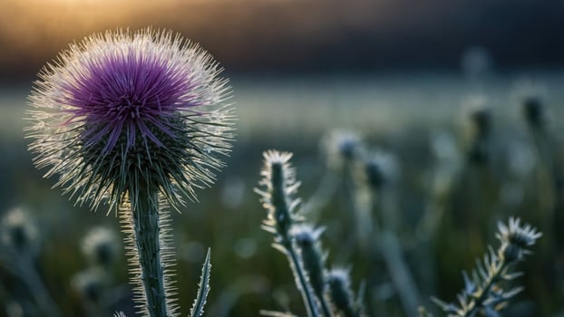 Close-up of a vibrant thistle flower in a dew-kissed meadow at sunrise, with soft blurred greenery in the background photo