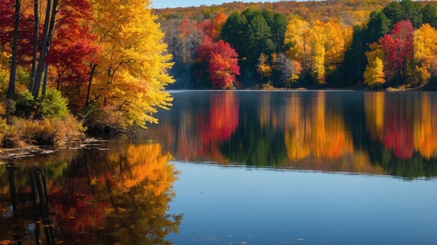 Vibrant autumn landscape with colorful trees reflecting in a serene lake under a clear sky photo
